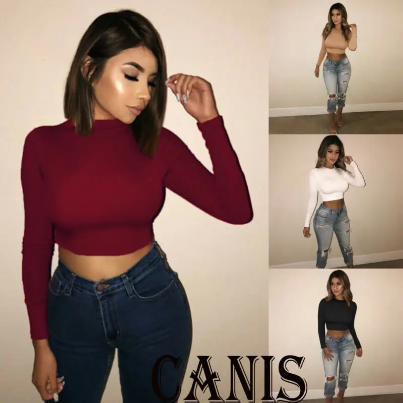

2019 Newest Hot Women's Solid Autumn Cotton Spinning Sexy Women's High Neck Exposed Umbilical Long Sleeve Body-building T Shirt