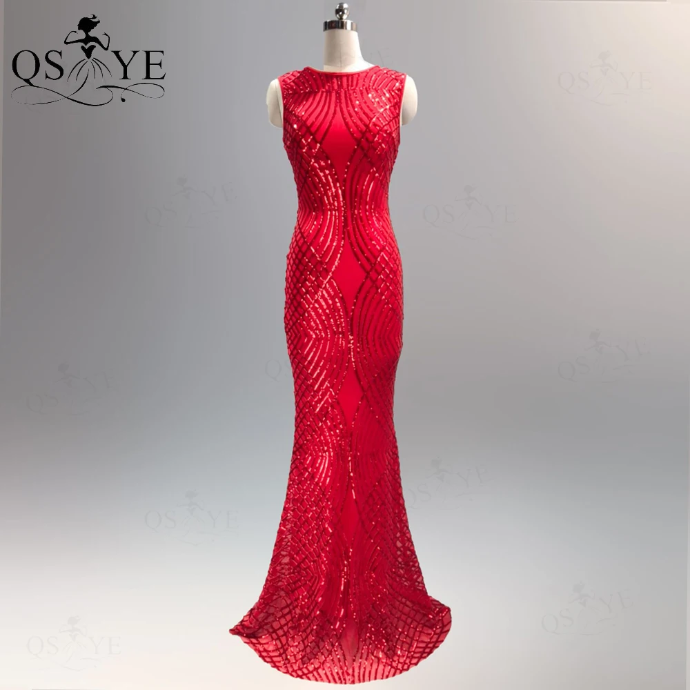 Red Sequin Evening Dresses Mermaid Scoop Neck Long Elegant Glitter Pattern Lace Arabic Decent Woman Formal Dress Sleeveless