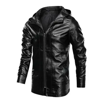 

Men's Hooded Long PU Jackets 2019 Winter Warm Cool Motobike Fale Tops Washed Faux Leather Motorcycle Locomotive Bomber Clothing