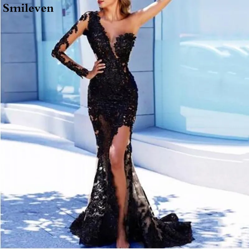 

Smileven Black Mermaid Prom Dress Side Split one Shoulder Prom Dresses Appliqued Lace Sexy Unique Evening Party Dress 2019