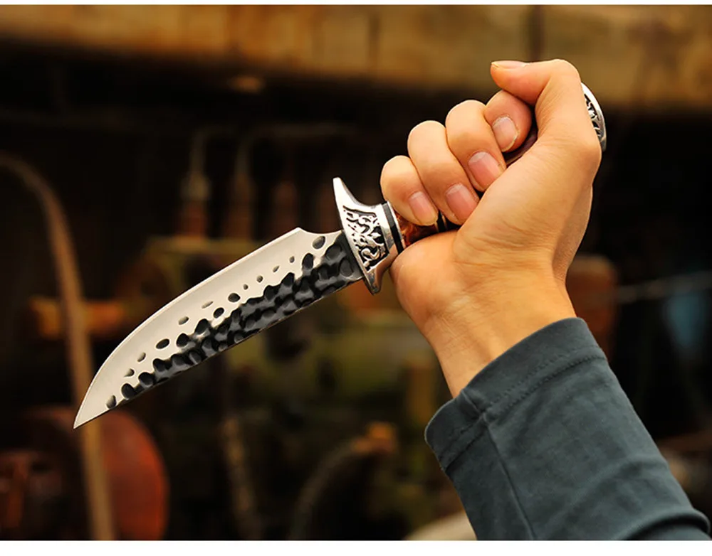 Wooden Handle Straight Knife 5cr13mov Hunting Knife Outdoor Camping Tactical Fixed Blade Pocket Survival Knives Leather Cover
