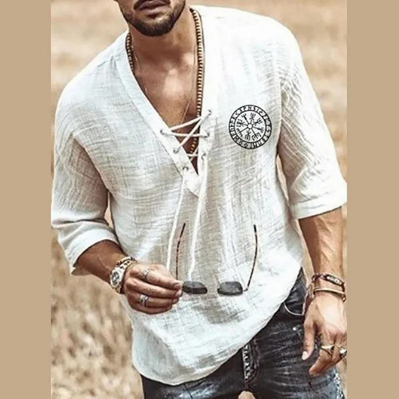 Renaissance Viking Medieval Cosplay Halloween Costume Men Shirt V Neck Lace Up Vintage Half Sleeve Linen Blouse Top | Мужская одежда