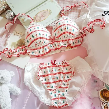 

Japanese Lovely Young Girl Red Christmas Printed Bra & Brief Sets Underwear Women's Lolita Ruffle Lace Lingerie Suit Students