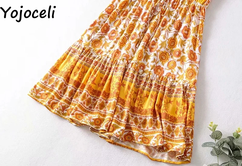 Yojoceli, сексуальное, с принтом, boho, короткое, женское платье, летнее, с рюшами, элегантное, повседневное, Пляжное платье, женское, крутое, мини, милое платье, vestidos