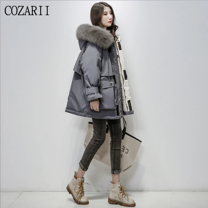 

Large Natural Fox Fur Hooded Winter Jacket Women 90% White Duck Down Thick Parkas Warm Sash Tie Up Snow Coat women's down jacket