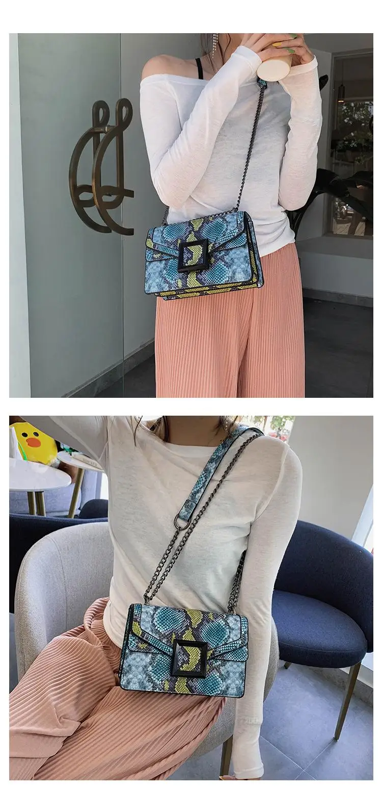 Messenger Bag Serpentine Pattern Crossbody Bag Snake Print Women's Shoulder Bag Stitching Hit Color Chain Small Square Snake Bag