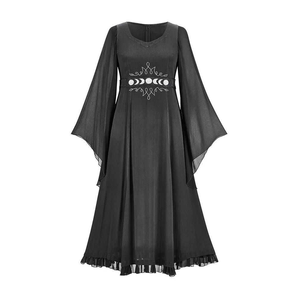 Women Dress Printed Black Dress Female Long Sleeve Gothic Dresses Women Retro Dark Dress Punk Vintage Dresses Plus Size 5XL