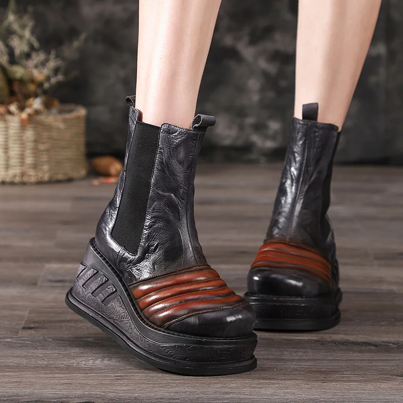 

Fashion Ankle Booties For Women Thick Heels Round Toe Natural Leather Mixed Color Lady Shoes Female Wedge Platform Boots