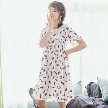 

Women's Cotton Summer Nightgowns Short-sleeved Round Neck Large Size Ruffled Loose Thin Nightdress Printing Sweet Home Clothes