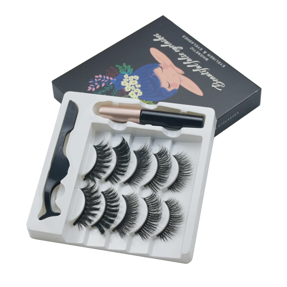

5 Pairs Magnet Eyelash Waterproof Long Lasting Eyelash Extension Magnetic Liquid Eyeliner Magnetic False Eyelashes Tweezer Set