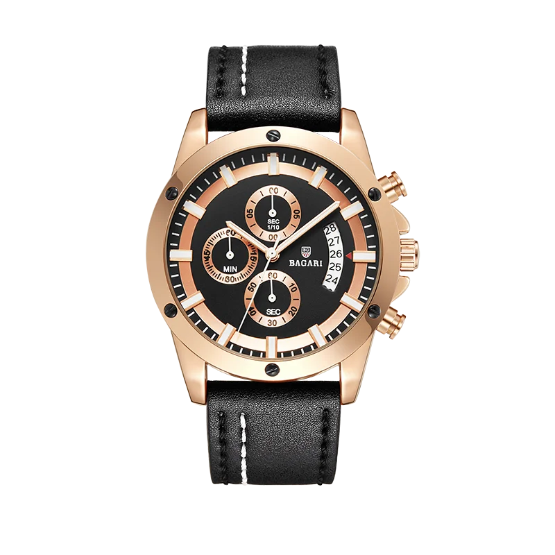 BAGARI, мужские часы, модный кожаный ремешок, кварцевые мужские часы, повседневные, деловые, мужские наручные часы, спортивные часы, Montre Homme - Цвет: Black belt