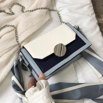 

YL Contrast Color Leather Crossbody Bags Elegant Female Ribbon Tote Bag Quality Flip Square Bag Chain Shoulder Messenger Bags