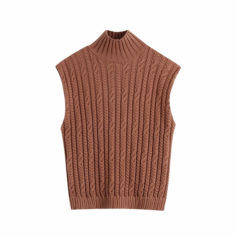 

New Winter Brown Turtleneck Women Knitted Sweater Fashion Sleeveless Eight-Strand Knitwear Vest Jumper Loose Casual Tops BB3052