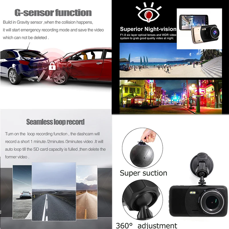4 дюймовый IPS Автомобильный видеорегистратор FHD1080P с ночным видением