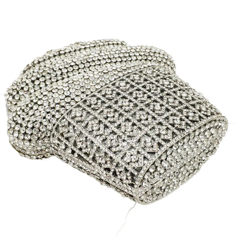 Double Flower Icecream Women Silver Crystal Clutch Evening Purses and Handbags Hard Case Wedding Party Rhinestones Bag