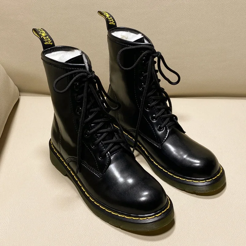 Женские ботинки на меху брендовые дизайнерские Мартенс модные кожаные плоской