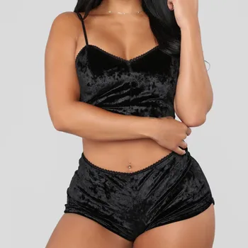 

Women Fashion Leisure Sleepwear Sexy Spaghetti Strap Velvet Shorts Pajama Set Ladies Sleepwear female Home Party Pajama Set