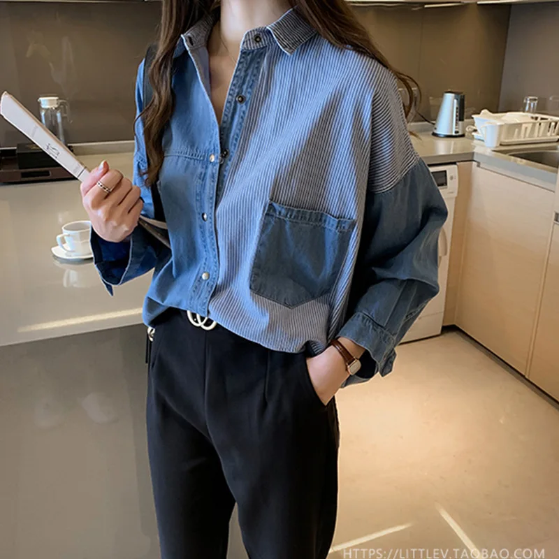 

New Korean Loose Bf Style Patchwork Blouses 2020 Spring Fall Irregular Polo Collar Blouse Women's Denim Casual Shirt