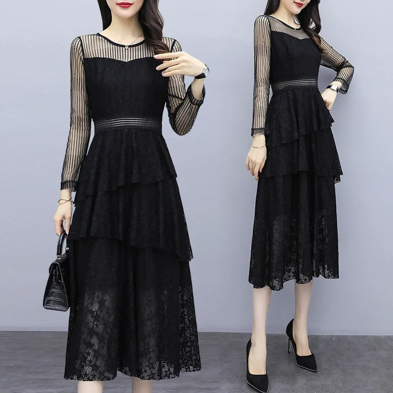 

2019 Autumn And Winter New Style Large Size Dress Large GIRL'S Korean-style Fashion Elegant Lace Mid-length Base Cake Dress Wome