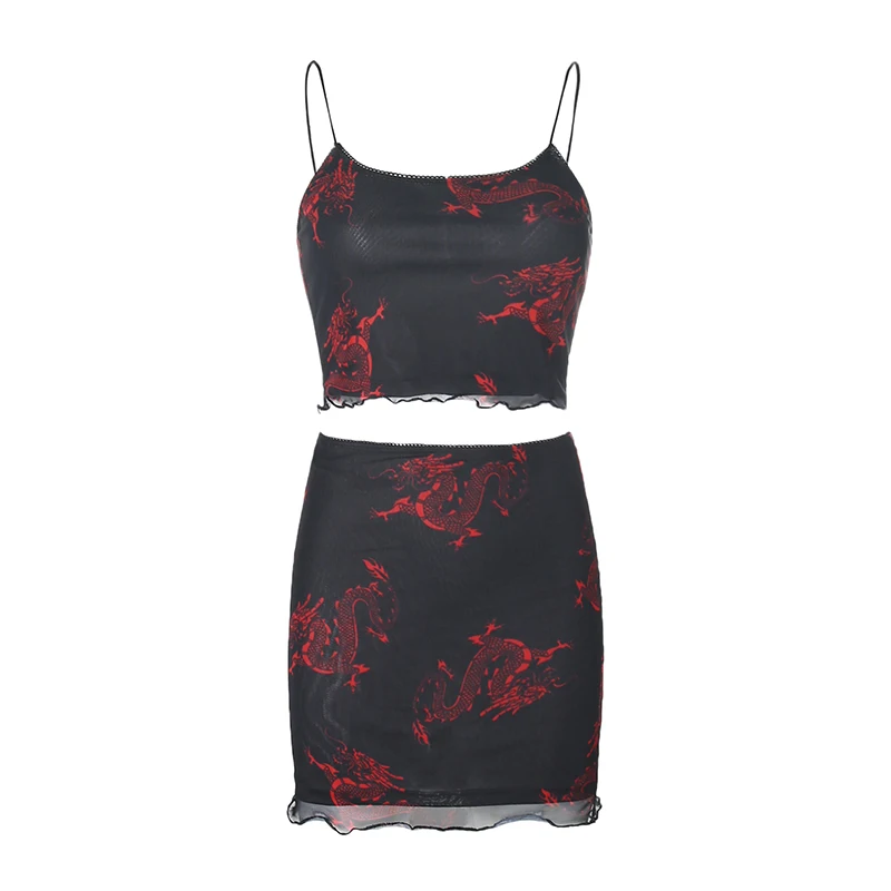 Darlingaga Chinese Style Dragon Print Summer Two Piece Set Women Mesh Sexy Matching Sets Strap Crop Top and Mini Skirt Suit 2020