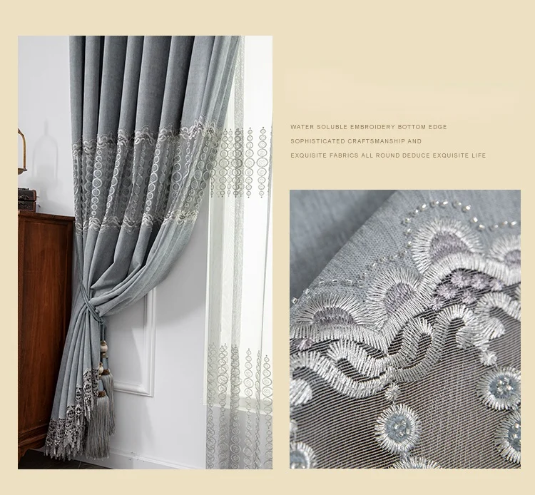 European High-end Water-soluble Hollow Embroidered Curtain Luxury Blackout Curtains for Living Dining Room Bedroom