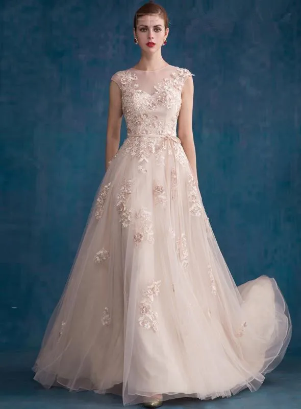 

2018 Evening O-Neck Sweep Train Floor Length Cap Sleeve Natural Sleeveless Custom Evening gown mother of the bride dresses