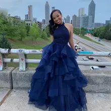 Новые темно-синие платья для выпускного на бретелях с открытой спиной, каскадные оборки, кружевные Длинные вечерние платья для милых 16 пышных платьев