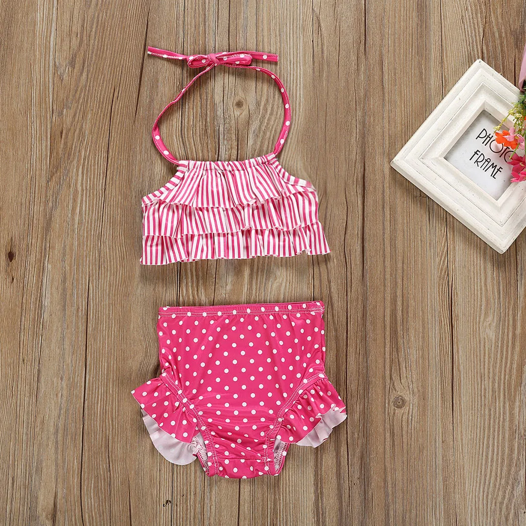 

Baby girl swimsuit Striped halter straps striped wave Dot Print Vest Summer Swimwear Swimsuit Bikini Outfits L1205