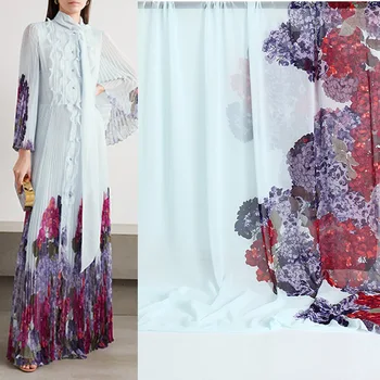 

100X145cm Fashion Week Purple hydrangea Printed Chiffon Fabric For Woman Summer Dress Blouse Tissu Tela Хлопок материал DIY