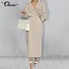 Women Maxi Dress Celmia 2021 Autumn Elegant Lapel Long Lantern Sleeve Fashion Bandage Casual Solid