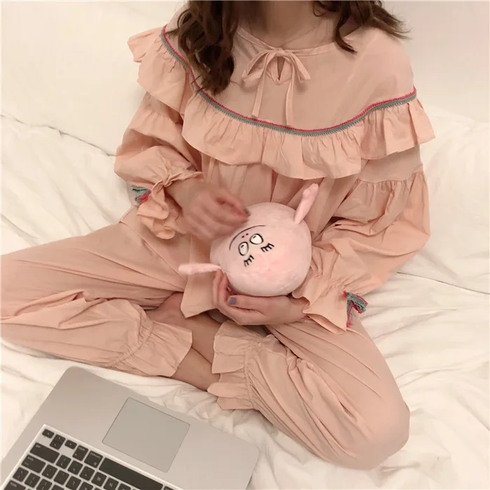 

Figure Photo 2019 Korean-style New Style Versitile Fashion Lace-up Flounced Loose Pajamas Casual Homewear Set