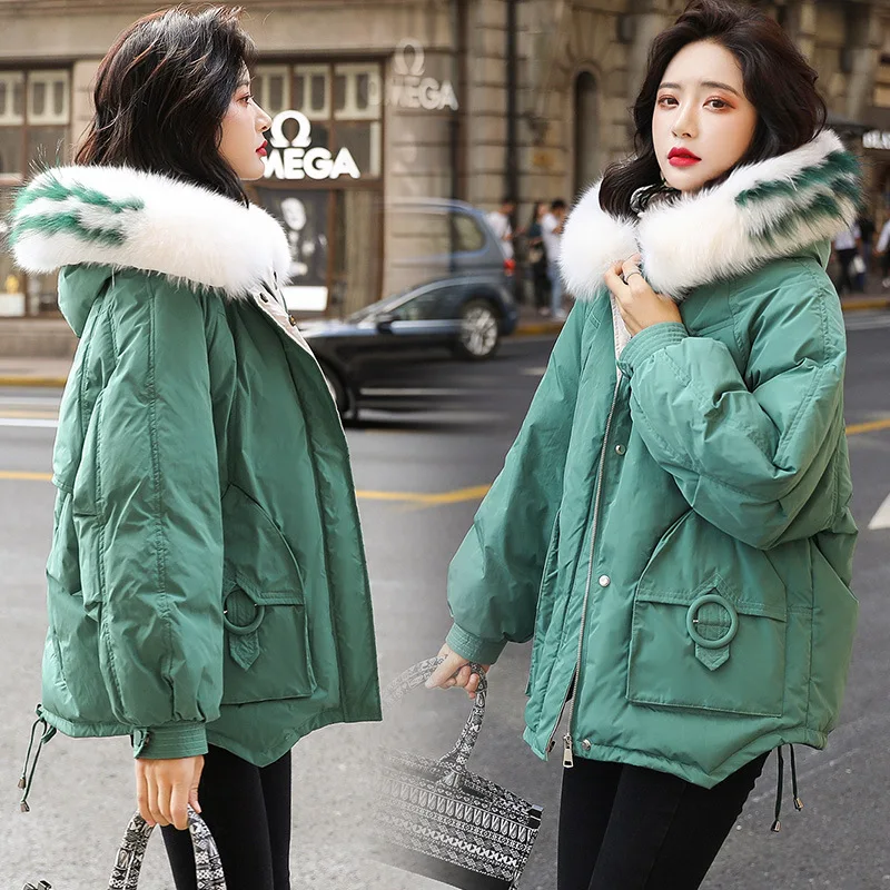 

Clip Color Fur Collar Bread Cotton Coat 2019 Winter New Style Fashion Korean-style Loose And Plus-sized Hooded Short Cotton Over