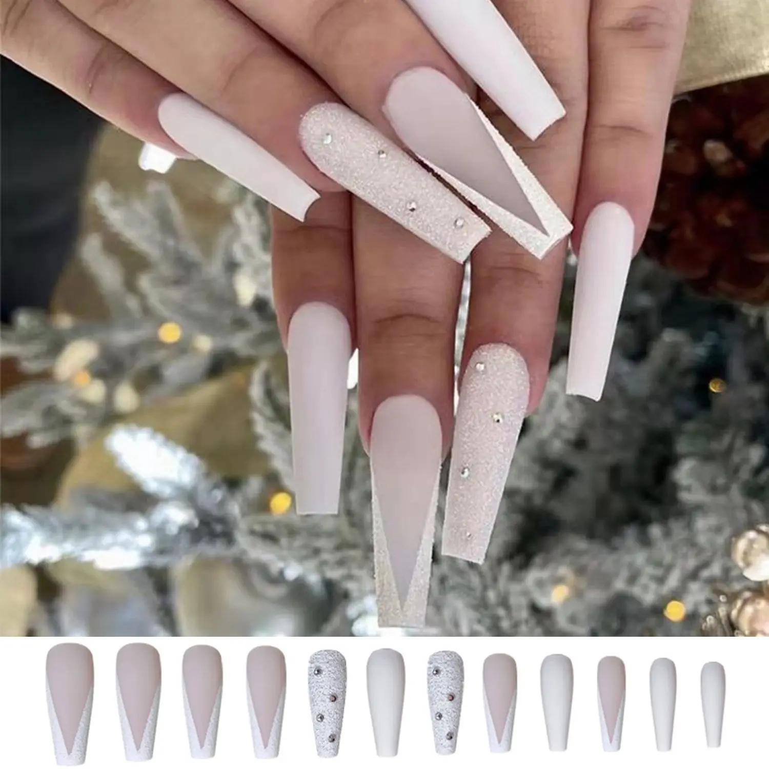 Amazon.com: 24Pcs Long Coffin Rhinestone Fake Nails French Tip Press on  Nails Bride White Nails Glossy Full Cover Glue on Nails Luxury Finger  Manicure Decorations for Women : Industrial & Scientific