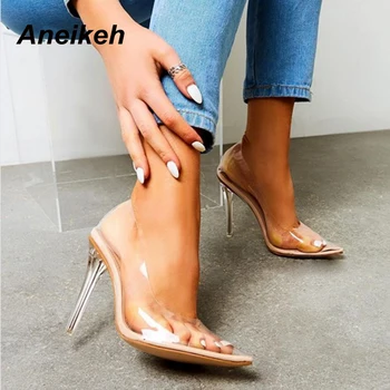

Aneikeh 2020 Concise Fashion Sexy PVC Woman Transparent Sandals Thin High Heels Shoes Pointed Toe Pumps Slip On Solid Size 35-42