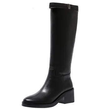 

2020 New Winter Ladies Genunine Leather Handmade Zipper Boots Black Round Toe High Heel Long Boots Botas Mujer High Quality