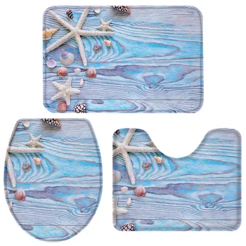 

Shells Summer Plank Wooden Blue Beach Bath Set Toilet Cover Mat Pedestal Rug Non-Slip Bathroom Rug Set