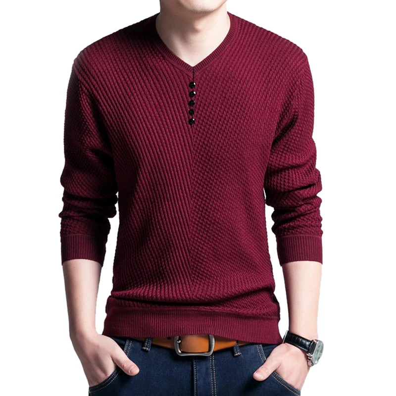 

SHUJIN Men Sweater V neck Slim Fit Autumn Knitting Tops Long Sleeve Fashion Solid Basic Pullovers Casual Button Knitted Sweater