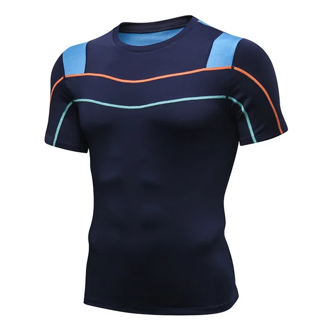 navy blue Мужская сетчатая Лоскутная компрессионная рубашка для тренажерного зала, фитнеса, ночной пробежки, Рашгард, быстросохнущая футболка для бега, Спортивная футболка - Цвет: navy blue