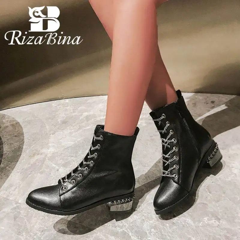 

RizaBina 2020 Women Ankle Boots Pu Leather Shoes Women Zipper Shoes Autumn Warm Winter Women Lace Up Footwear Size 32-43