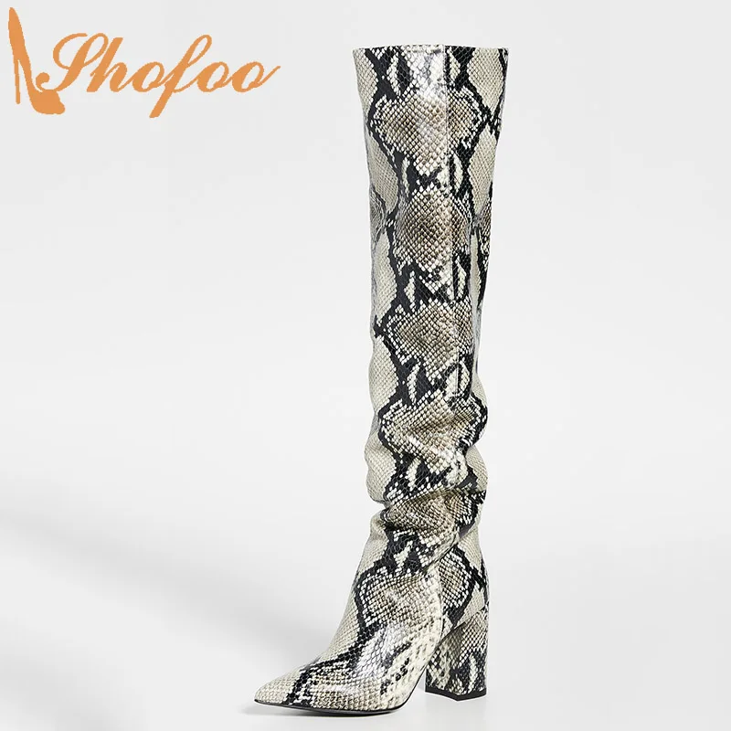 Shofoo-Botas hasta la rodilla de piel de pitón para mujer, zapatos de tacón  alto cuadrado, punta estrecha, talla grande 40 41, cálidos, a la moda, para  invierno - AliExpress Calzado