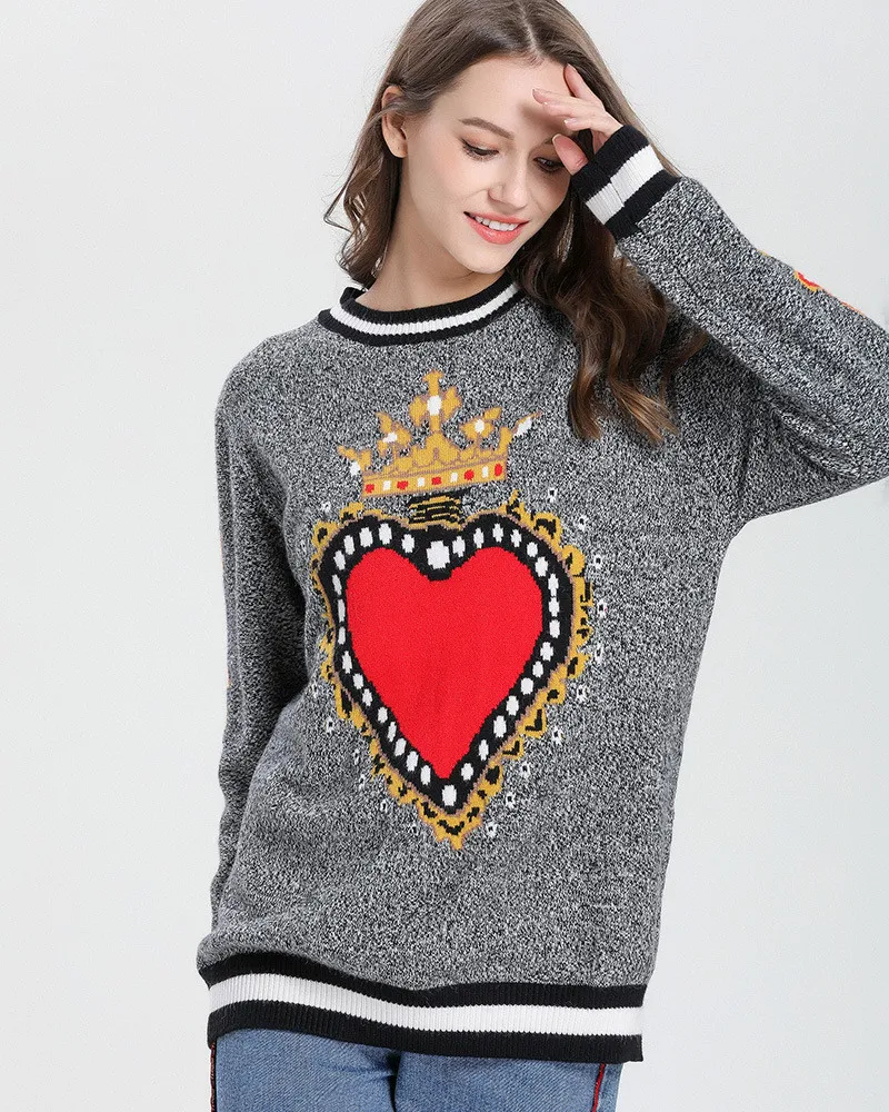 Роскошные дизайнерские женские свитера и пуловеры с принтом в виде короны сердца для подиума, Рождественский Женский вязаный свитер, джемпер, зимняя одежда