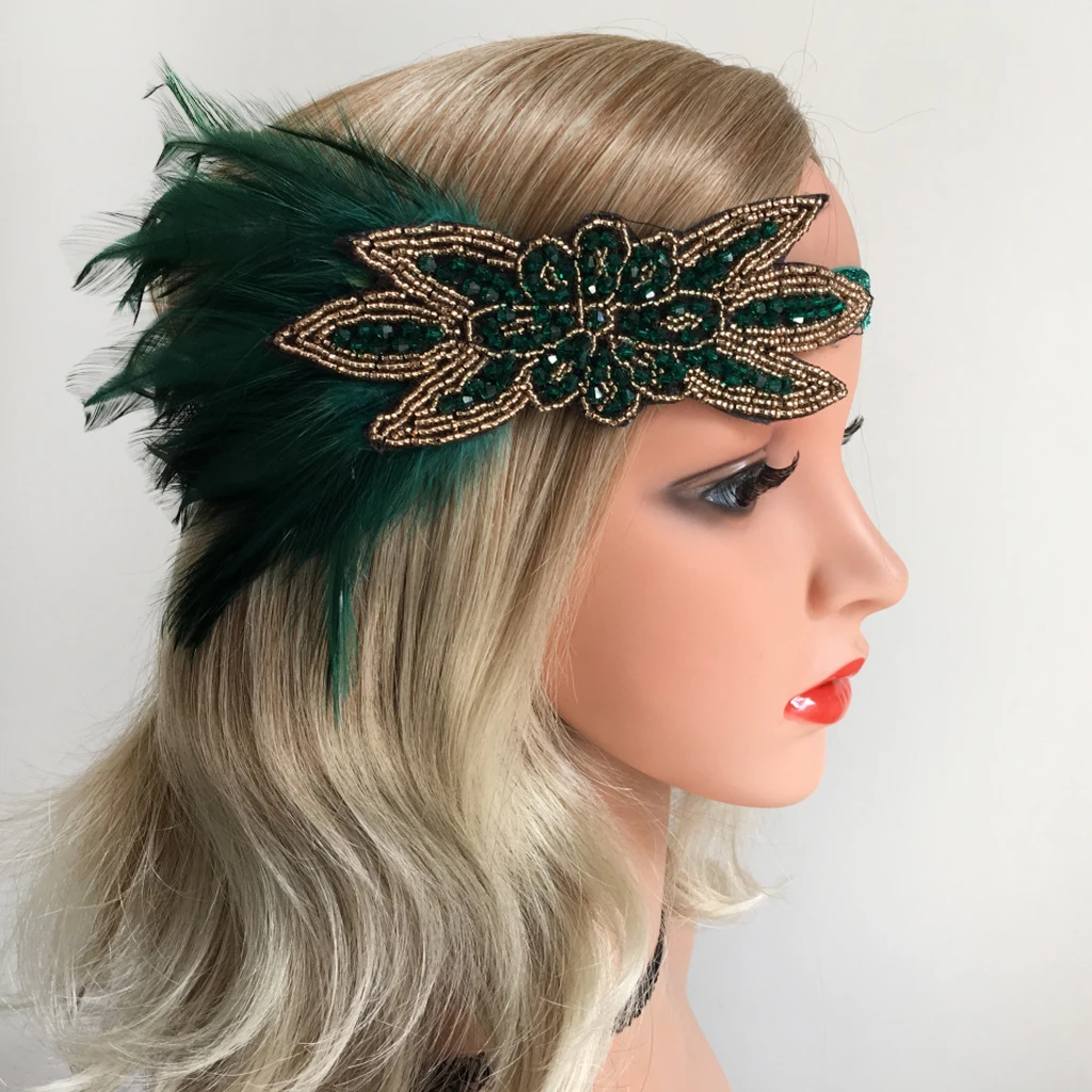 Женские винтажные перьевые повязки на голову, вечерние, свадебные, выпускные, головные уборы Гэтсби 1920s Хлопушка, чародей, зеленый