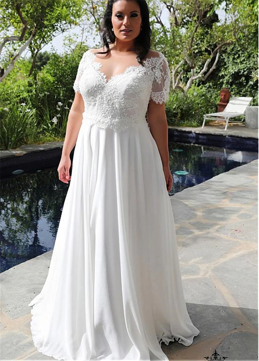 

Simple Plus Size Chiffon Wedding Dresses With Short Sleeves Sexy V Neck Bridal Gowns Floor Length A Line Wedding Dresses