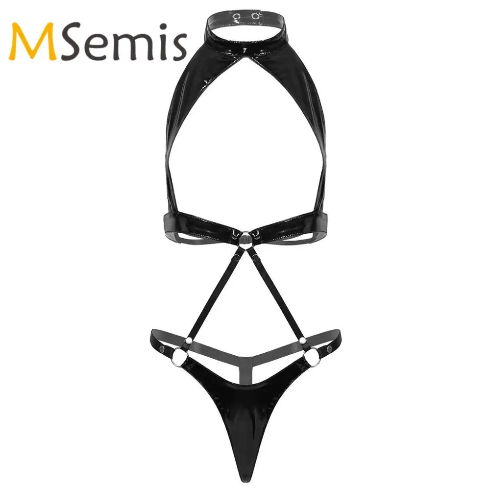 Женское боди из лакированной кожи открытые трусики стринги с высоким вырезом