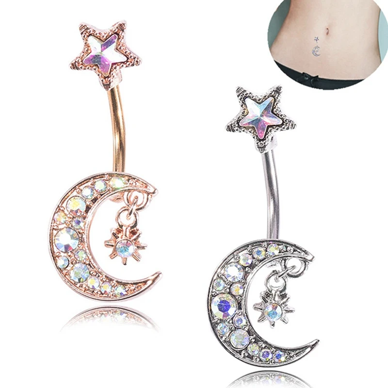 Fashion Belly Button Ring Dangle Body Piercing White Rhinestone Moon