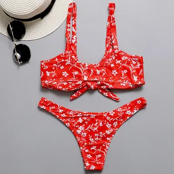

2020 Women's Sexy Red Printed Split Triangle Bikini Swimsuit With Chest Pad Without Steel Support