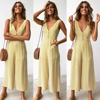 

Striped Sexy Jumpsuit Women Casual Deep V Neck Sleeveless Wide Leg Bodysuit Backless Elegant Button Pocket Femme Summer Playsuit