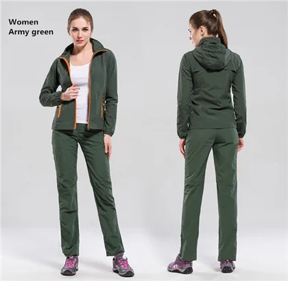 Women Army green Походный костюм куртка+ брюки мужские весна осень Открытый костюмы лето защита от солнца УФ с капюшоном куртка набор быстросохнущая дышащая - Цвет: Women Army green