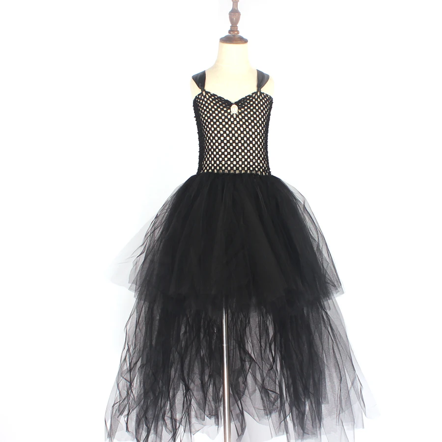 Черное нарядное платье-пачка для девочек на Хеллоуин, с v-образным вырезом, со шлейфом, для костюмированной вечеринки, на день рождения, бальное платье с крыльями, костюм