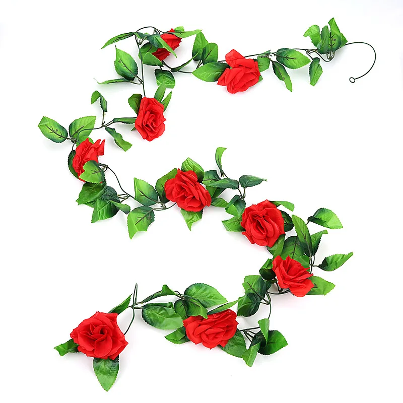 2.4m Silk Artificial Roses Flowers Rattan String Vine with Green Leaves For Home Wedding Garden Decoration Hanging Garland Wall